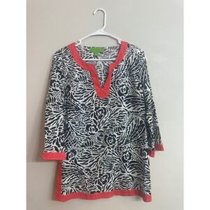 Island Republic Women Black White Sequin Cotton Tunic Top Coral Trim Small
